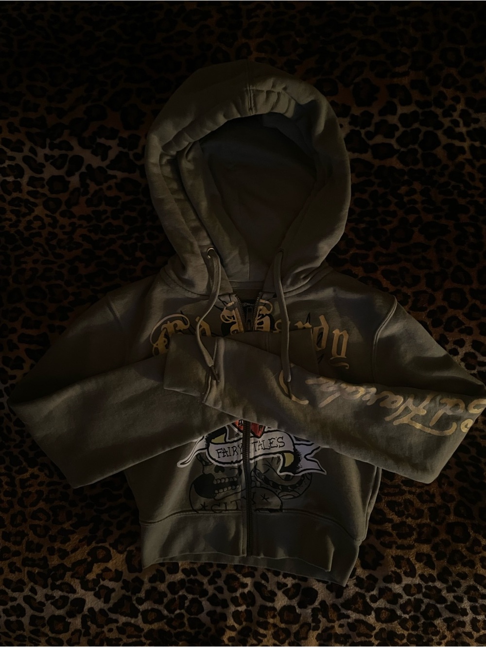Ed Hardy Olive Green Cropped Graphic Zip-Up Hoodie